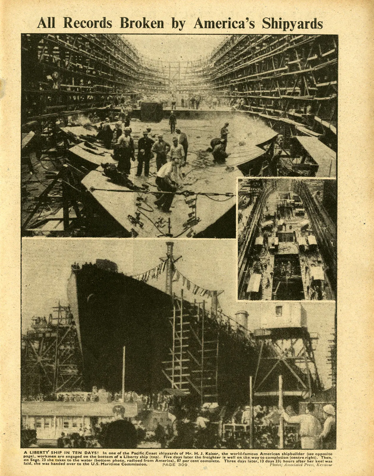 A page of The War Illustrated showing pictures of American shipyards. The first picture is taken near the dry dock floor, with the very bottom of a ship already laid out and dozens of workers standing on it. The next photo shows an aerial view of a ship about halfway constructed. The final photo shows the completed hull of a ship ready for launching.